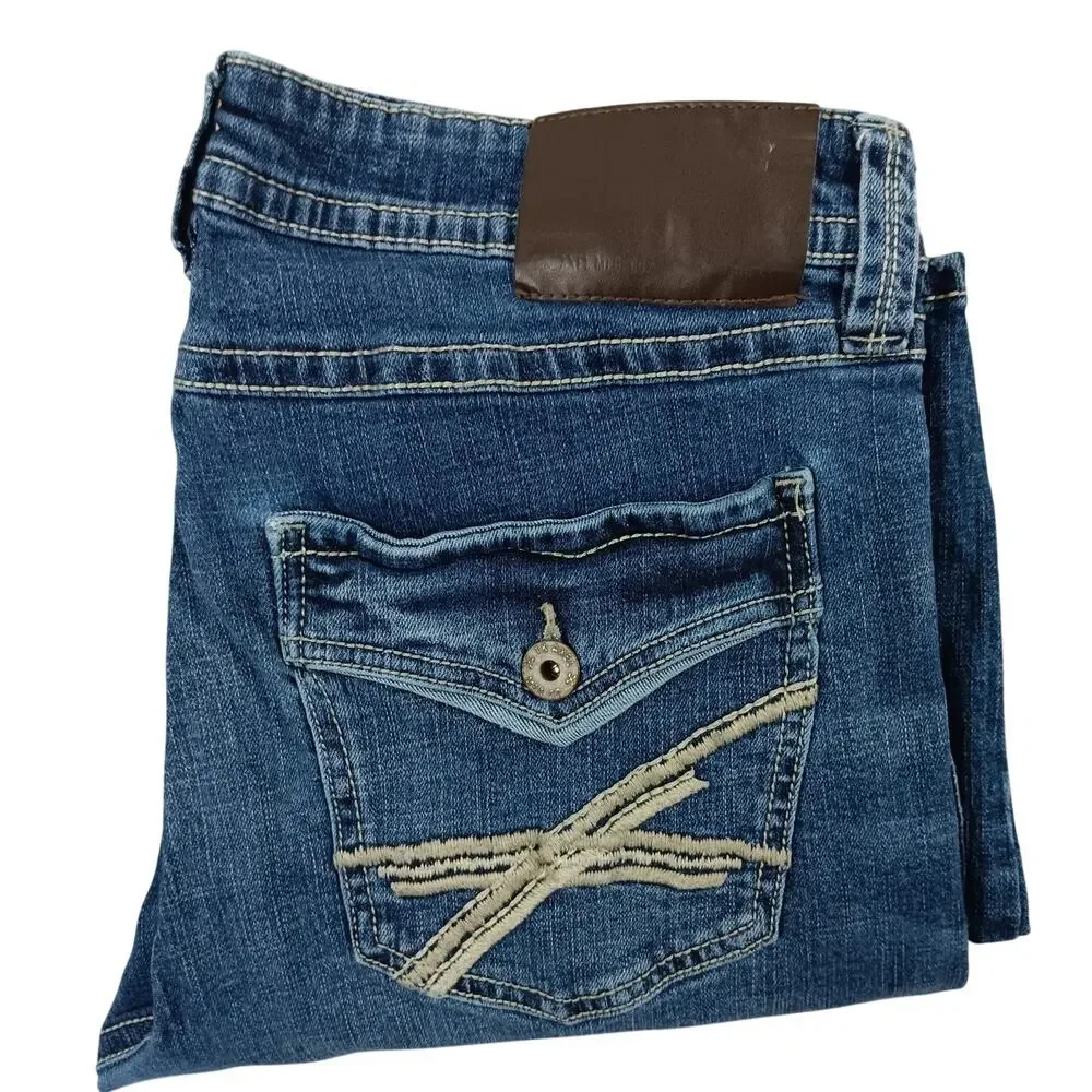 T.K. Axel Slim Boot Jeans Mens 34X31 Blue Embroidered Flaps Western Thick Stitch